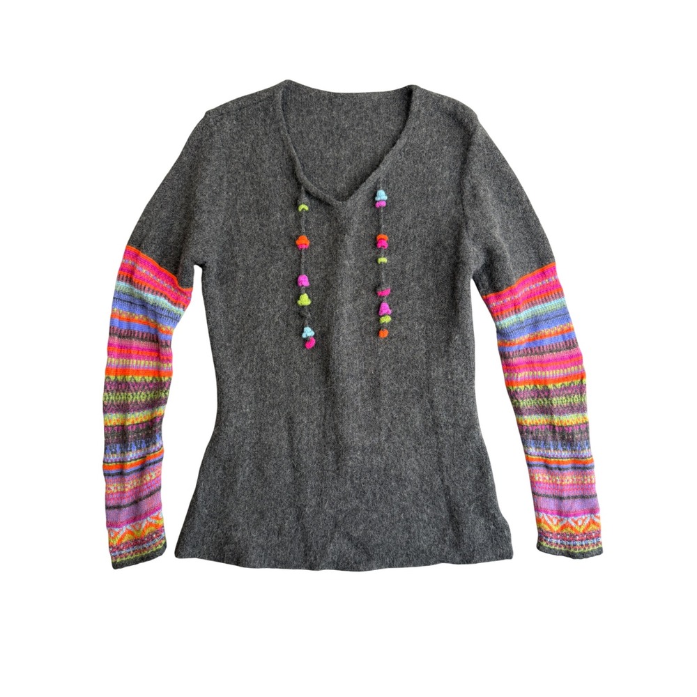 Vintage 100% Baby Alpaca Peruvian Knit Sweater Womens M Gray Boho Art Fair Isle